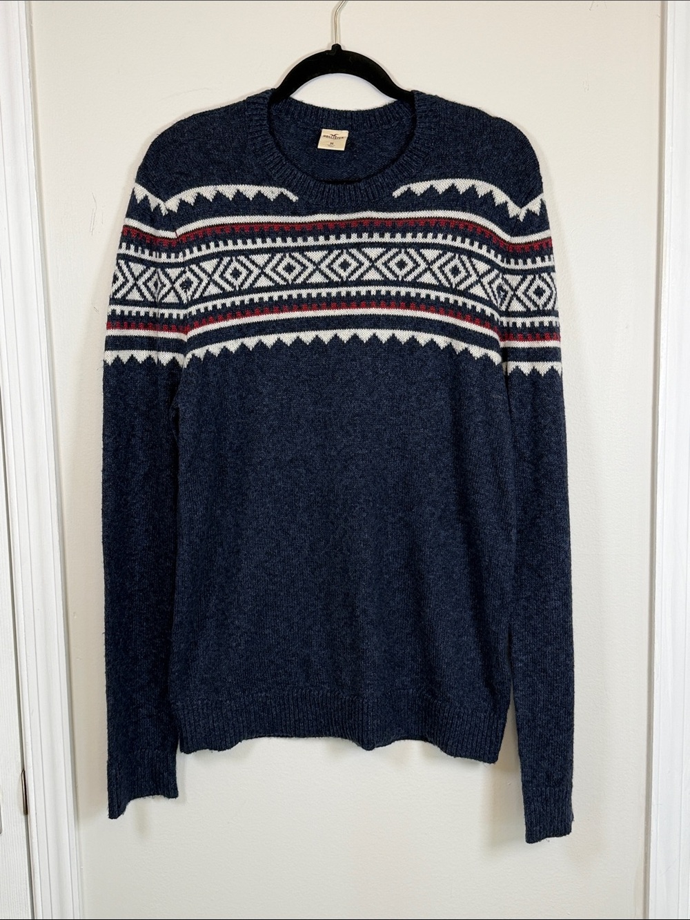Hollister 2000s Men's Fair Isle Knit Crewneck Sweater Navy Blue Red White M